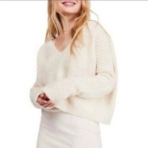 Free People Cream V-Neck Chunky Knit Sweater